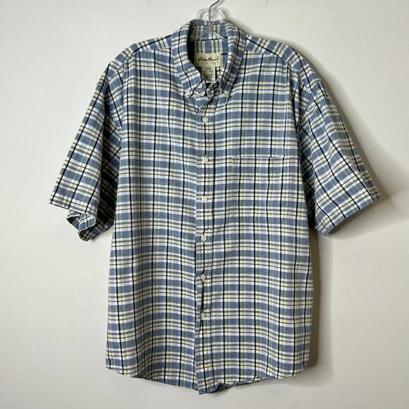 Eddie Bauer Short Sleeve Plaid Button Front Shirt White Blue Yellow Mens Large - Picture 2 of 9